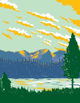 WPA poster art of Sprague Lake on the south side of Glacier Creek within Rocky Mountain National Park, Colorado, USA done in works project administration or federal art project style.
