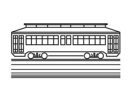 Mono line illustration of a streetcar or trolley car viewed from side done in monoline line art black and white style.
