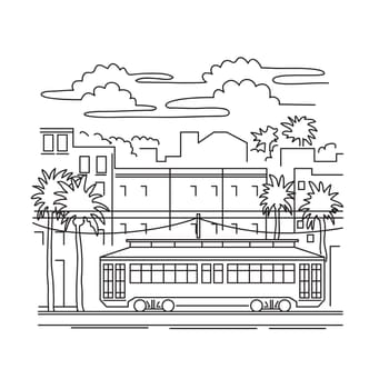 Mono line illustration of a streetcar or trolley car in New Orleans, Louisiana, USA done in monoline line art black and white style.
