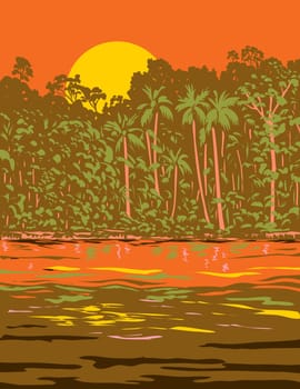 WPA poster art of the Amazon River or Rio Amazonas in Brazil, South America done in works project administration or Art Deco style.