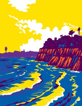 WPA poster art of surf beach at Campus Point Beach on Lagoon Road, Isla Vista, California CA, United States of America USA done in works project administration.
