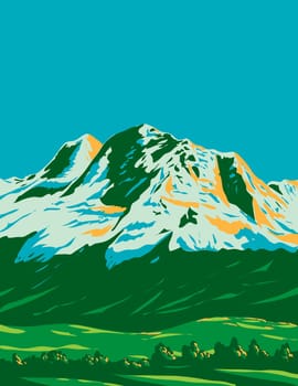 WPA poster art of Cordillera Blanca with Huandoy, Huascaran and Chopicalqui mountains part of the larger Andes range in Ancash region Peru done in works project administration or Art Deco style.
