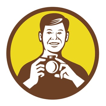 Retro style illustration of a gay Asian photographer holding a digital camera viewed from front set inside circle on isolated background done in black and white.
