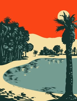 WPA poster art of Huacachina or the oasis of America , a village built around a small oasis and surrounded by sand dunes in southwestern Peru done in works project administration or Art Deco style.