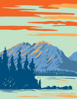 WPA poster art of Leigh Lake located in Grand Teton National Park in Wyoming United States of America USA done in works project administration or Art Deco style.
