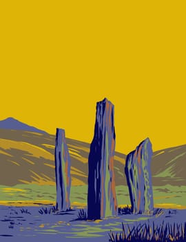 WPA poster art of the Standing Stones on Machrie Moor in the Isle of Arran in Scotland done in works project administration or federal art project style.