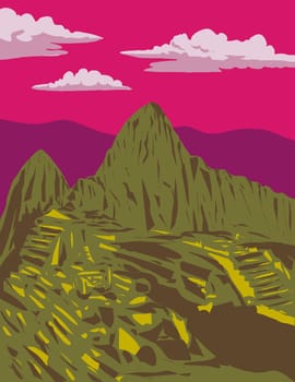 WPA poster art of Machu Picchu Lost City of the Incas in Machupicchu District Urubamba Province above Sacred Valley Eastern Cordillera in Peru done in works project administration or Art Deco style.
