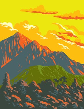 WPA poster art of Mount Athos or Holy Mountain, a mountain on the Athos peninsula in northeastern Greece done in works project administration or Art Deco style.
