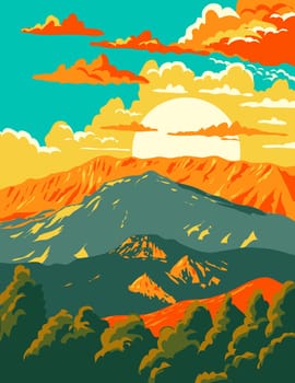 WPA poster art of Mount Parnassus, a mountain range within Parnassos National Woodland Park in central Greece done in works project administration or Art Deco style.
