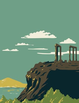 WPA poster art of Cape Sounion with temple of Poseidon ruins and Patroklos island in Attica within Sounio National Woodland Park Greece done in works project administration or Art Deco style.
