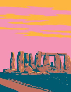 WPA poster art of Stonehenge, a prehistoric monument on Salisbury Plain in Wiltshire, England, the United Kingdom and the British Isles done in works project administration or Art Deco style.
