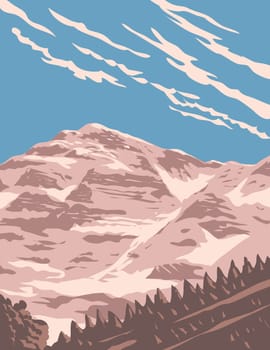 WPA poster art of Athamanika or Tzoumerka,  a mountain range part of the wider Pindus mountain range in Greece done in works project administration or Art Deco style.
