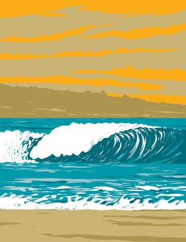 WPA poster art of surf beach at Venice Breakwater located in Venice Beach, Los Angeles, California, United States USA done in works project administration.
