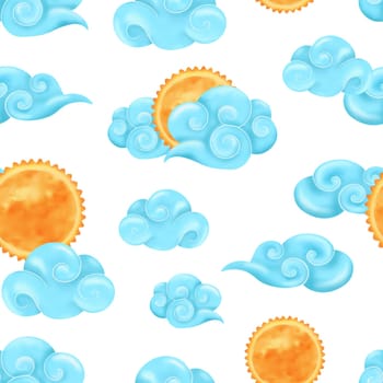 Seamless pattern of blue clouds in a Chinese style. This watercolor illustration. sunny day, cheerful atmosphere. Perfect for textiles and decorating children's rooms in a playful cartoonish style.