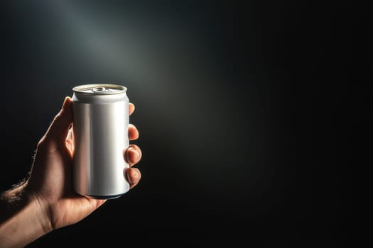 A hand holds a glossy white aluminum beverage can against a dark background, showcasing the sleek design and reflective surface of the container.