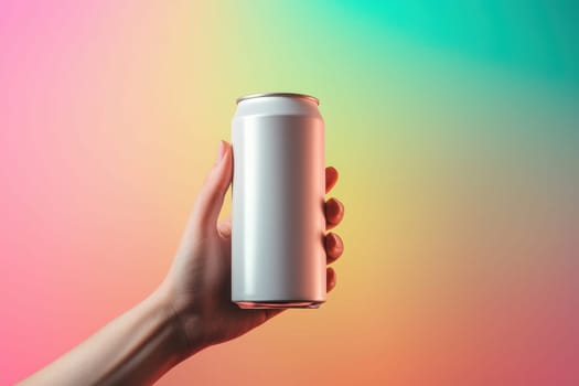 A minimalist image of a sleek white aluminum soda can held in a hand, set against a vibrant colored background, perfect for showcasing beverage products.