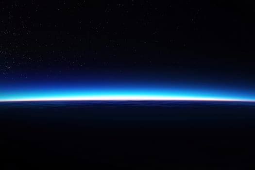 Experience the beauty of a vast blue horizon where the sky meets stars in this captivating cinematic shot, offering a serene and dramatic view of nature in space.