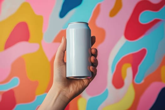 A hand holds a plain white can against a vibrant abstract background, creating a modern and artistic visual composition. Perfect for beverage mockups.