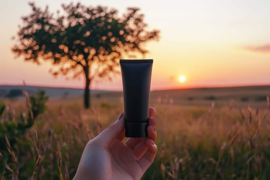 A hand presents a sleek cosmetic tube against a stunning sunset backdrop. The soft light illuminates a serene field with a tree silhouette, creating a tranquil scene.