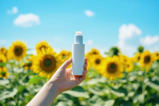 A hand presents a sleek white cosmetic bottle amidst a vibrant sunflower field under a clear blue sky. This image captures beauty and freshness, ideal for skincare promotion.
