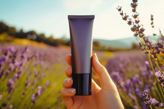 A graceful hand holds a sleek cosmetic tube against a stunning lavender field, capturing the essence of beauty and nature in sunlight. Perfect for showcasing lifestyle products.