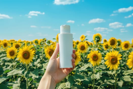 A sleek white cosmetic bottle is presented in a hand amidst a field of vibrant sunflowers, set against a clear blue sky, symbolizing beauty and nature.