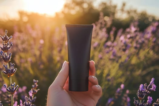 A hand holds a sleek container in a lavender field during sunset. This dramatic low angle shot captures the essence of beauty and nature, perfect for promotional content.