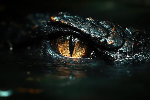 This ultra-realistic image showcases a crocodile's eye peeking out from the water, revealing captivating details and vivid coloration that highlight its powerful presence in the wild.
