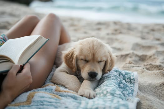 A playful small puppy lays peacefully on a sandy beach while a person enjoys reading a book. The scene captures the essence of summer relaxation by the serene ocean shore.