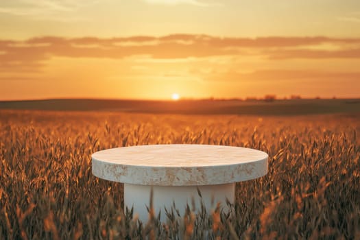 A beautiful warm toned evening view showcasing a white pedestal set amidst a golden field, illuminated by the sunset. Perfect for serene nature themes.