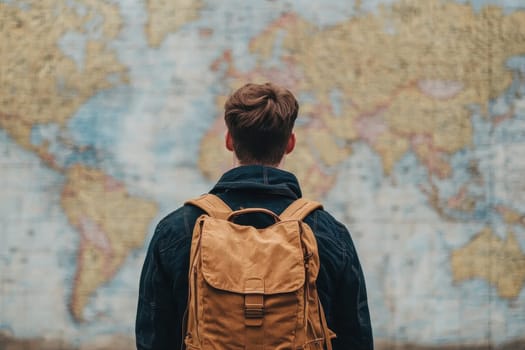 A young backpacker stands with his back to the camera, gazing at a large world map, symbolizing dreams of travel and adventure.