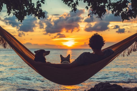 A beautiful scene of an owner and their two dogs relaxing in a hammock during a stunning sunset by the ocean. The warm colors and tranquil atmosphere create a perfect moment of peace and companionship.