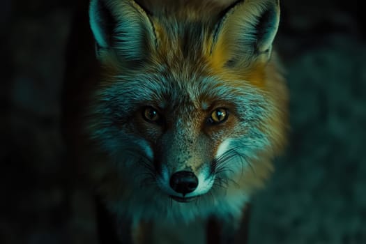 This captivating close-up image features an intense and curious fox, showcasing its vibrant fur and expressive eyes in a beautifully cinematic setting.