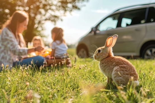 A family gathers for a delightful outdoor picnic in a lush green field, enjoying quality time with their pet rabbit nearby, capturing joyful moments in nature.