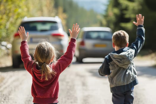 Two children wave excitedly at passing cars on a dirt road, surrounded by a picturesque natural landscape, capturing the essence of childhood joy and innocence.