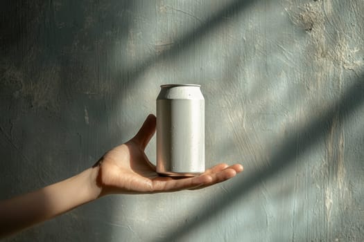 A minimalist shot showcasing a hand presenting a clean white can against a textured background with soft light and shadows, perfect for modern lifestyle themes.