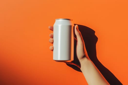 A hand is showcasing a plain white aluminum soda can against a vibrant orange background, creating a striking visual. The shadow adds depth and contrast.