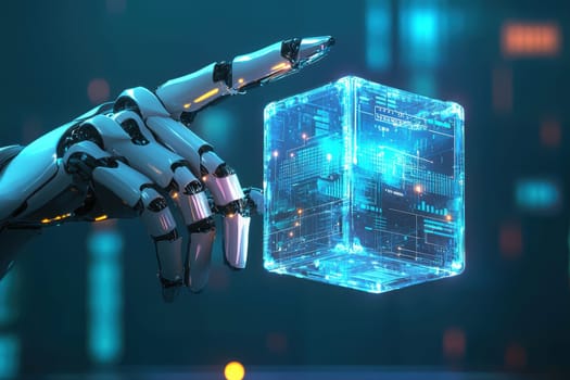 A detailed depiction of a robotic hand delicately holding a glowing cube. This futuristic image captures advanced technology with intricate designs and blue light effects.