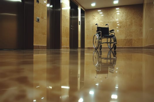 A wide angle view of a wheelchair parked in a spacious lobby near elevators, showcasing a modern interior with glossy floors and soft lighting.