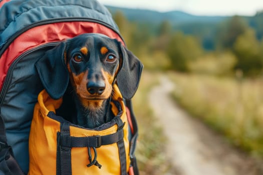 A charming dachshund peeks out of a brightly colored backpack, showcasing its playful nature in a scenic outdoor setting. Perfect for pet lovers!
