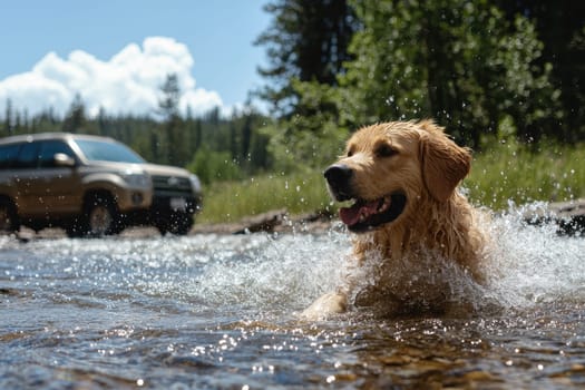 A joyful golden retriever splashes playfully in a tranquil river, showcasing the beauty of nature on a sunny day amidst vibrant greenery.