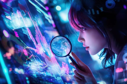 A businessperson uses a magnifying glass to closely examine digital data and charts, emphasizing the importance of detailed analysis in the modern workplace.