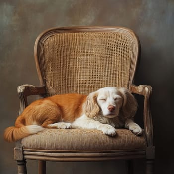 A serene moment captured as a cute pet dog sleeps soundly on a vintage armchair, showcasing a cozy and relaxed indoor atmosphere filled with warmth.