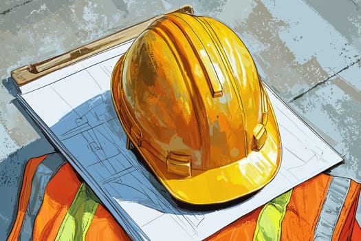 A vibrant yellow hard hat rests on a stack of draft papers, showcasing architectural sketches. The safety vest adds a touch of professionalism in a construction setting.