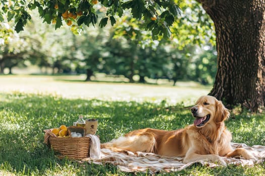 A cheerful golden retriever lies on a picnic blanket under a shady tree, surrounded by fresh fruits and a basket, capturing a perfect moment of joy in nature.