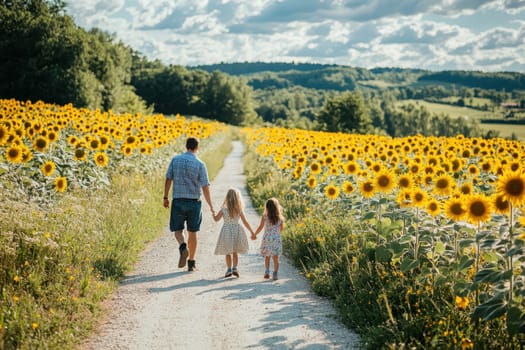 A charming family strolls hand in hand down a picturesque path lined with vibrant sunflowers, embodying joy and togetherness on a beautiful day.