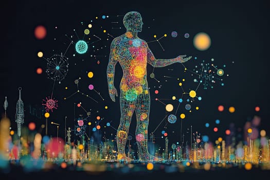Human body microbiome. The human body with many microorganisms of different colors.