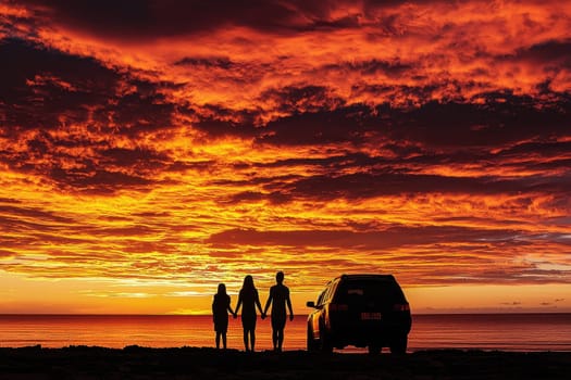 A stunning silhouette of a family holding hands against a dreamy sunset over the ocean. The vibrant colors create a peaceful and serene atmosphere, ideal for capturing family moments.