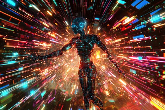 A striking humanoid robot stands at the center, immersed in a vibrant flow of holographic data. The energetic scene highlights the fusion of technology and creativity, depicting a futuristic vision.