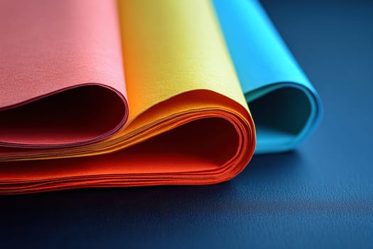Folded colored sheets of paper stand on the table, top view of the edge of the sheets of paper. Abstract paper background.